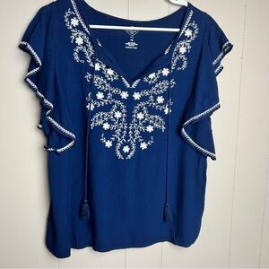 St. John's Bay Embroidered Summer Blouse Sz PM Blue